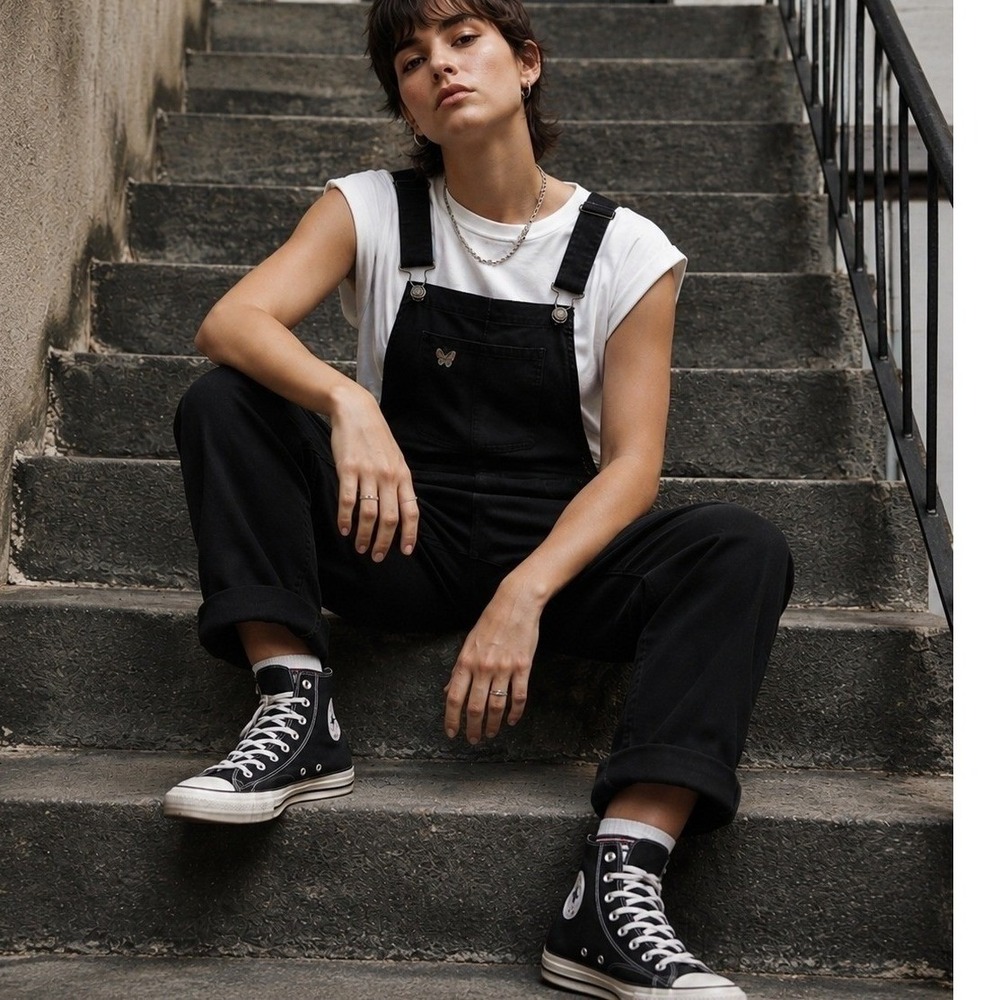 Girrlscout Tomboy Butterfly Billie Black Overalls XS Stretch Punk Grunge Goth
